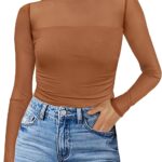 Womens Sexy Mesh Long Sleeve Shirts Fashion Clothing Turtle Necks Sheer Ruched Going Out Tops Fall Outfits Slim Fit Blouses