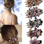 5 Pcs double flower decorative jeweled rhinestone hair clip pretty fancy floral thick crystal hair clips for women beautiful fashion designer asian accessories long chinese korean vintage ornaments
