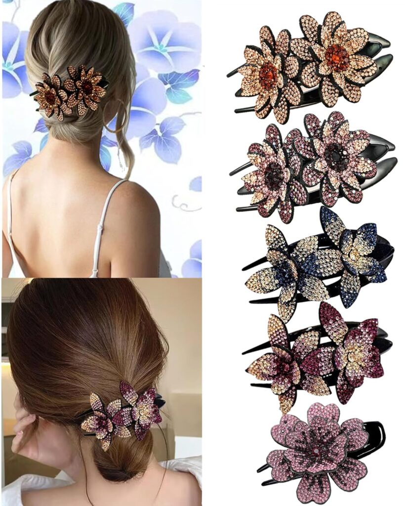 5 Pcs double flower decorative jeweled rhinestone hair clip pretty fancy floral thick crystal hair clips for women beautiful fashion designer asian accessories long chinese korean vintage ornaments