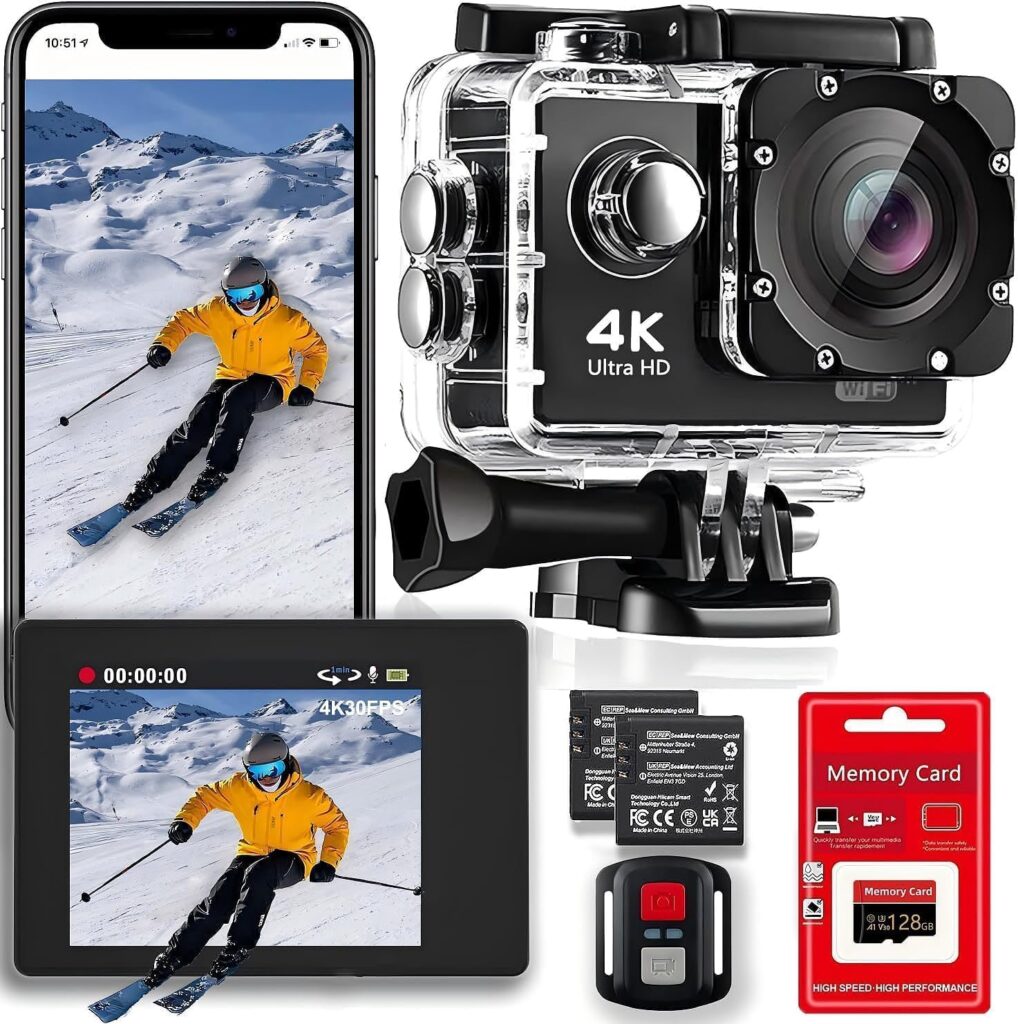 4K 30FPS WiFi Action Camera with 128GB Memory Card- 98FT Waterproof Ultra HD Underwater Camera, 170° Wide Angle 2.0″ Screen, Sports Camera with 2 Batteries, Mounting Accessories Kit (4k cam)