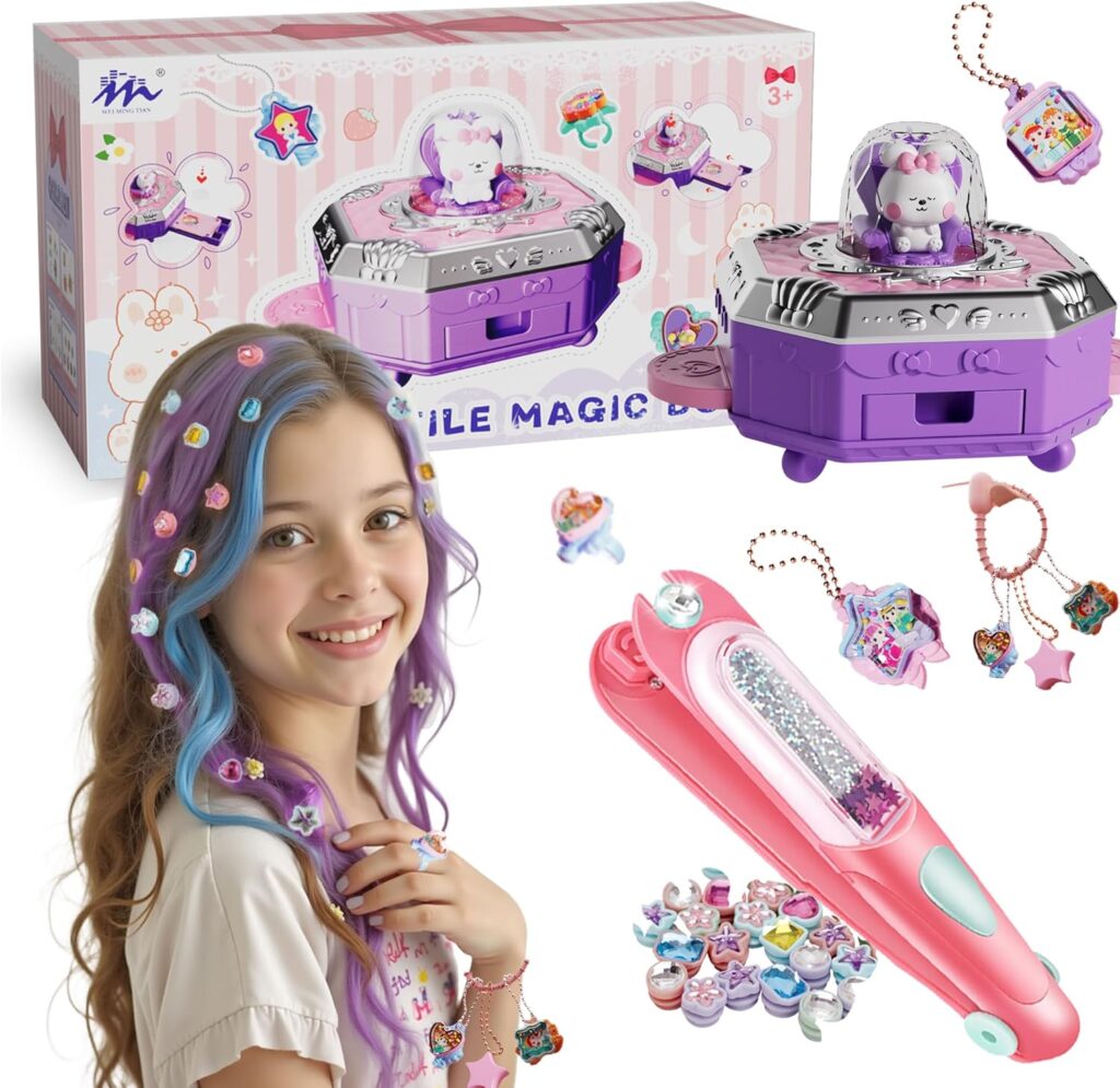 Jewelry Making Kit & Hair Gem Stamper for Girls 6-12, DIY Necklace & Bracelet Making Kit, Princess Crafts & Fashion Designer Kits for Kids Ages 6-12, Birthday Gift