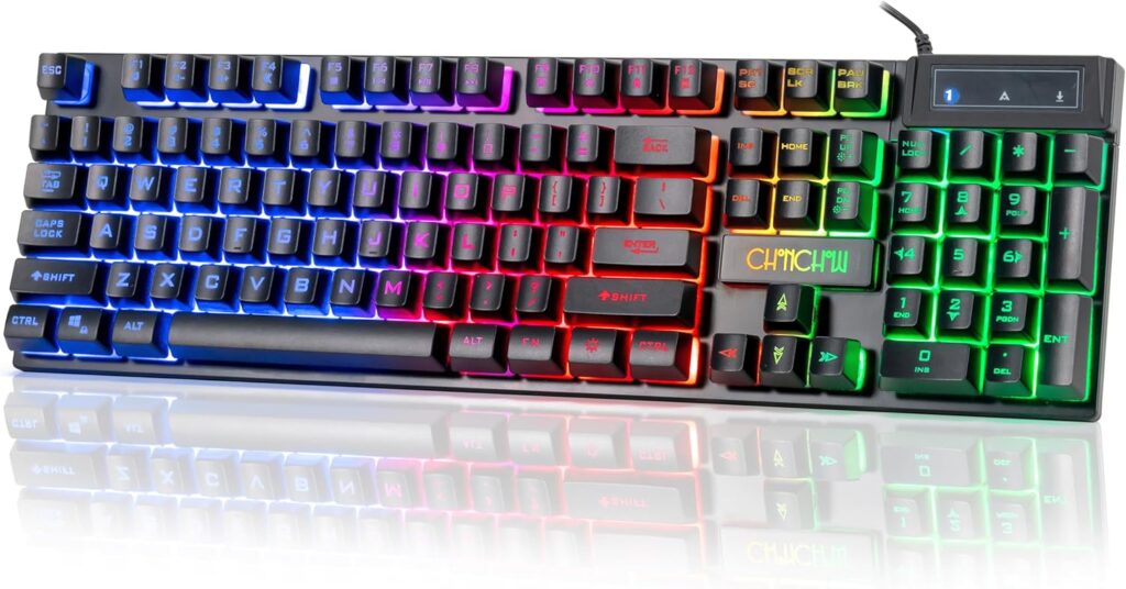 CHONCHOW Wired Gaming Keyboard, 104 Keys Full Size, with Anti-Ghosting and Multimedia Keys, LED Backlit Light Up Keyboard for PC Mac Laptop Desktop, Gaming or Office