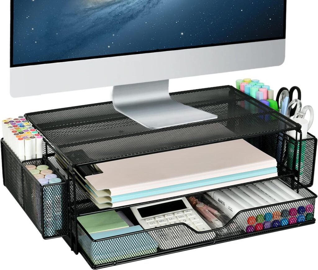 AUPSEN 2 Tier Computer Monitor Stands with Drawer and 2 Pencil Holder, Metal Monitor Stand Monitor riser, Computer Desk Organizer and Accessories for Laptop, Computer, Printer, Office Supplies(Black)