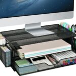 AUPSEN 2 Tier Computer Monitor Stands with Drawer and 2 Pencil Holder, Metal Monitor Stand Monitor riser, Computer Desk Organizer and Accessories for Laptop, Computer, Printer, Office Supplies(Black)