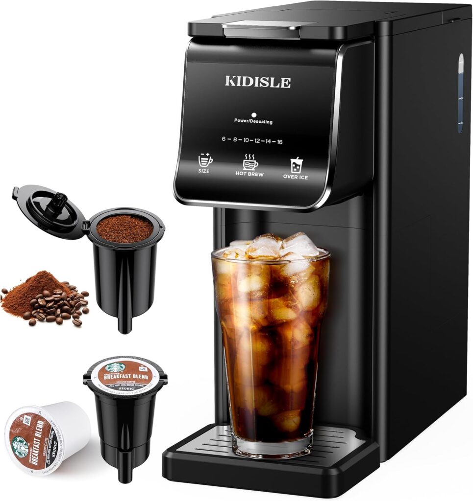 Hot & Iced Single Serve Coffee Maker, K Cup Pod Coffee Maker Compatible with Grounds, Reusable Filter, 6–16oz Brew Sizes, Large 40oz Water Tank, Easy to Use, Black