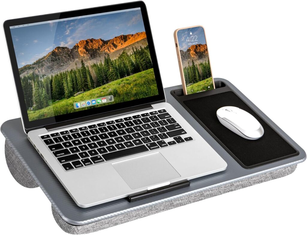 LAPGEAR Home Office Lap Desk with Device Ledge, Mouse Pad, and Phone Holder – Silver Carbon – Fits up to 15.6 Inch Laptops – Style No. 91585