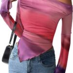 PRETTYGARDEN Womens Fall Trendy Off Shoulder Y2k Tops 2025 Tie Dye Mesh Long Sleeve Shirts Asymmetrical Ruched Floral Blouse