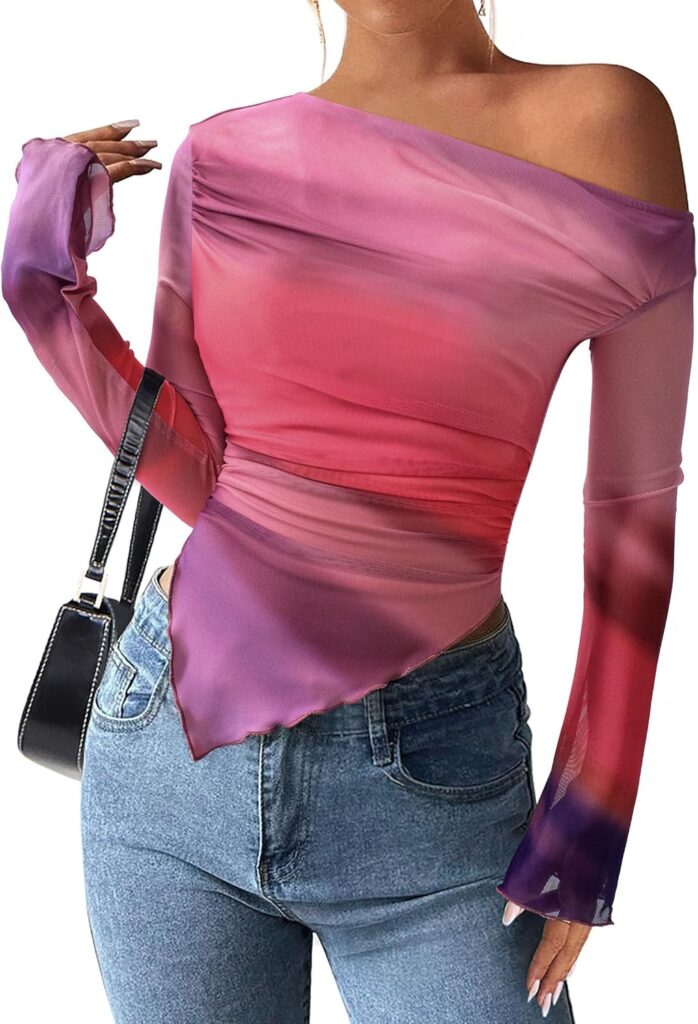 PRETTYGARDEN Womens Fall Trendy Off Shoulder Y2k Tops 2025 Tie Dye Mesh Long Sleeve Shirts Asymmetrical Ruched Floral Blouse