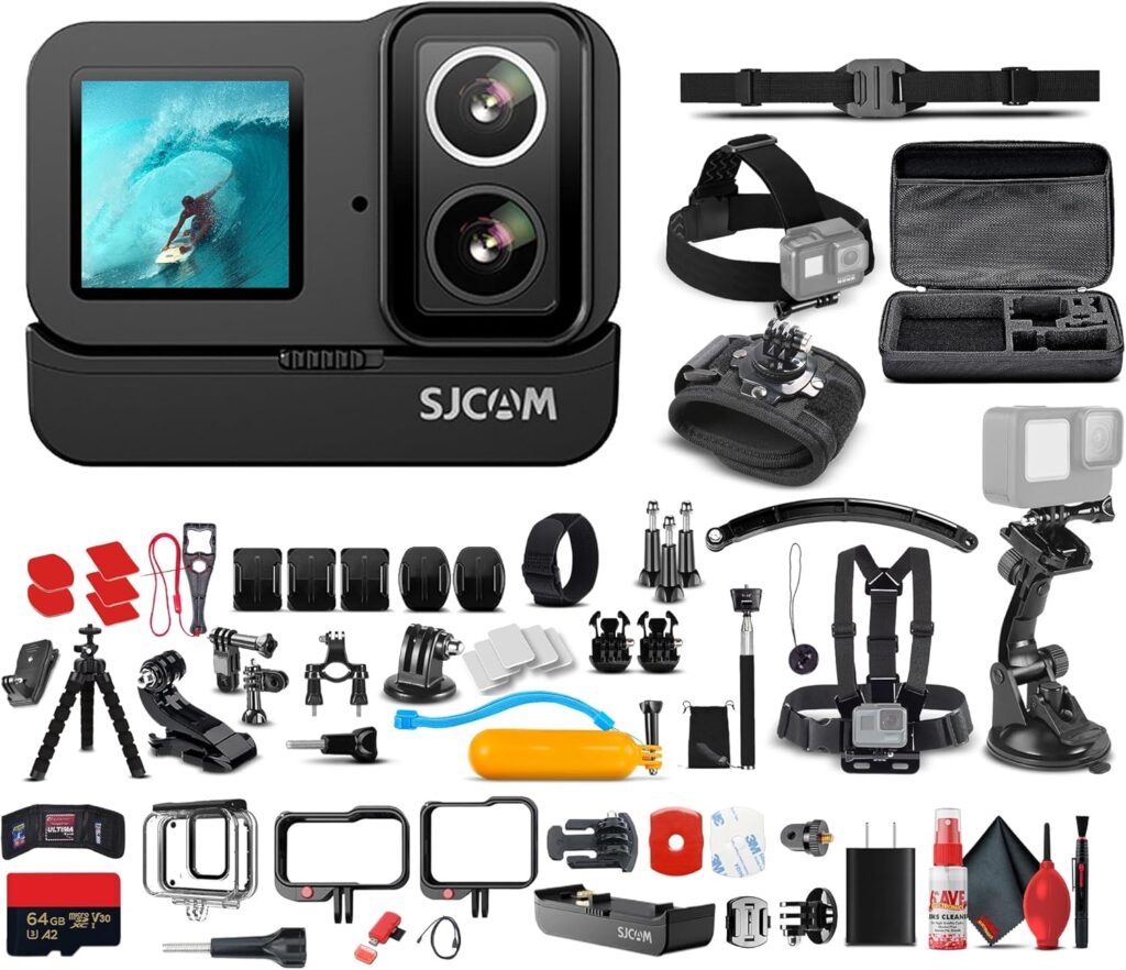 SJCAM SJ20 Dual Lens Action Camera with Dual Screens, 6-Axis Stabilization, and Night Vision, Bundle Including: 64GB Micro SD Card, 50-in-1 Action Kit, Card Reader, Card Wallet, and USB-C Adapter
