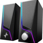 Computer Speakers, PC Speakers with 6 Lighting Modes, USB Powered Computer Speakers for Desktop Monitor with 2 Bass-Boost Ports, 2 Speaker Units, and 3.5mm Aux-in Cable for PC, Laptop, Tablet, Phone