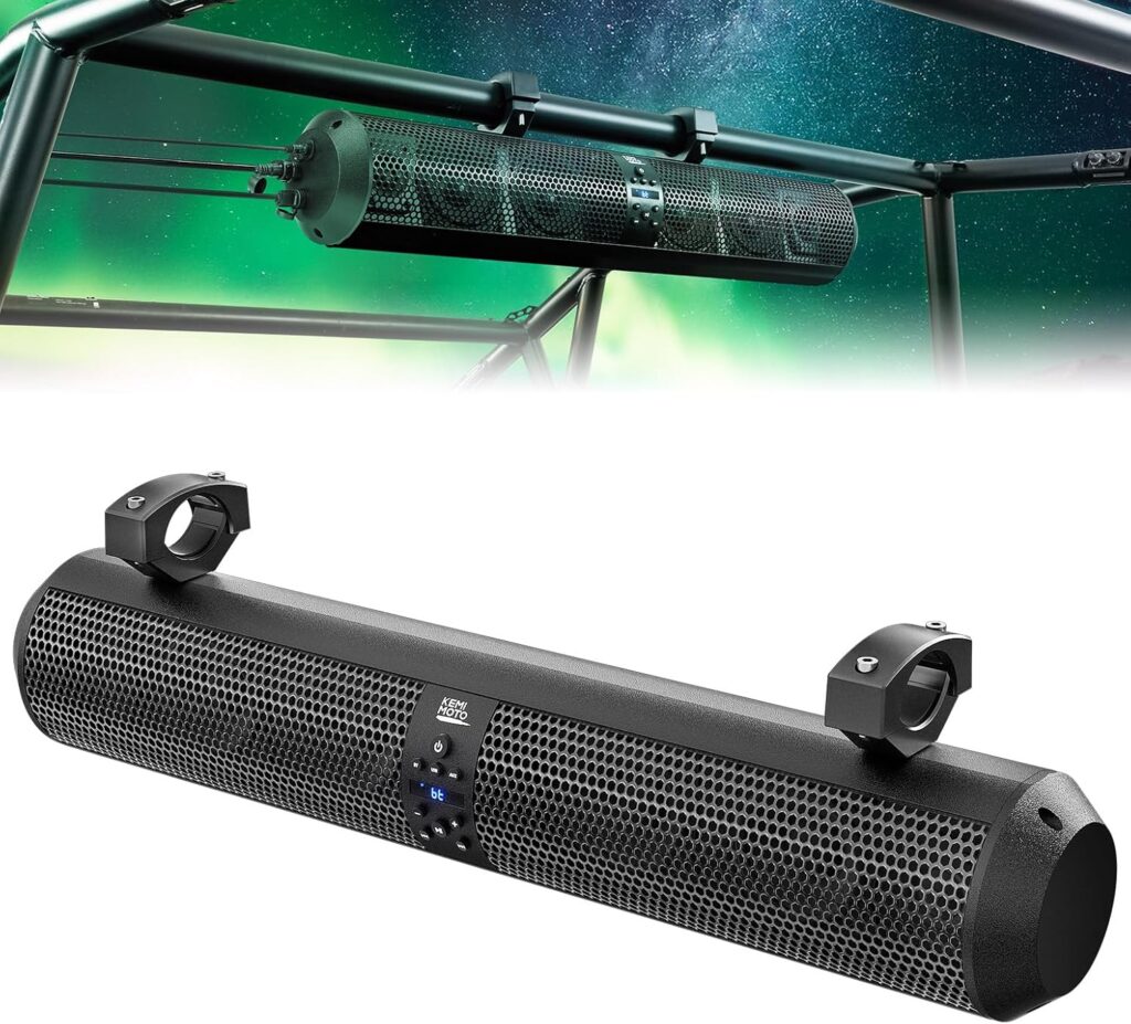 KEMIMOTO UTV Sound Bar 28 Inch ATV Soundbar 4X Subwoofers 2X Tweeters Bluetooth Golf Cart Sound Bar Compatible with Polaris RZR Can-Am Defender X3 CFMOTO ZFORCE, for 1.56″- 2.25″ Roll Cage