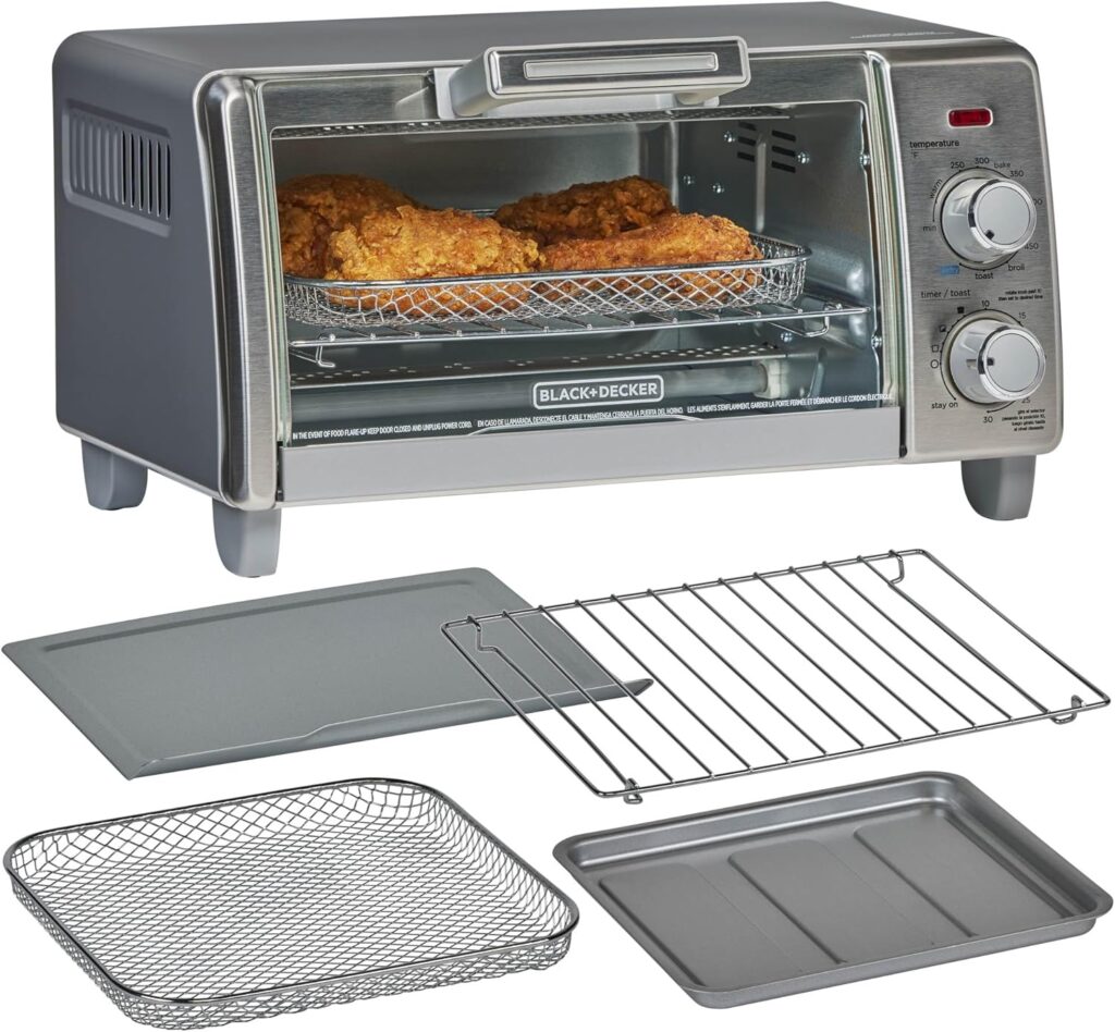 BLACK+DECKER Crisp ‘N Bake Air Fry Countertop Convection Toaster Oven, Medium Capacity, 4-Slice, 5-in-1, Fits 9” Pizza, 30-Min Timer, Bake, Broil, Air Fry, Toast, Keep Warm, Stainless Steel