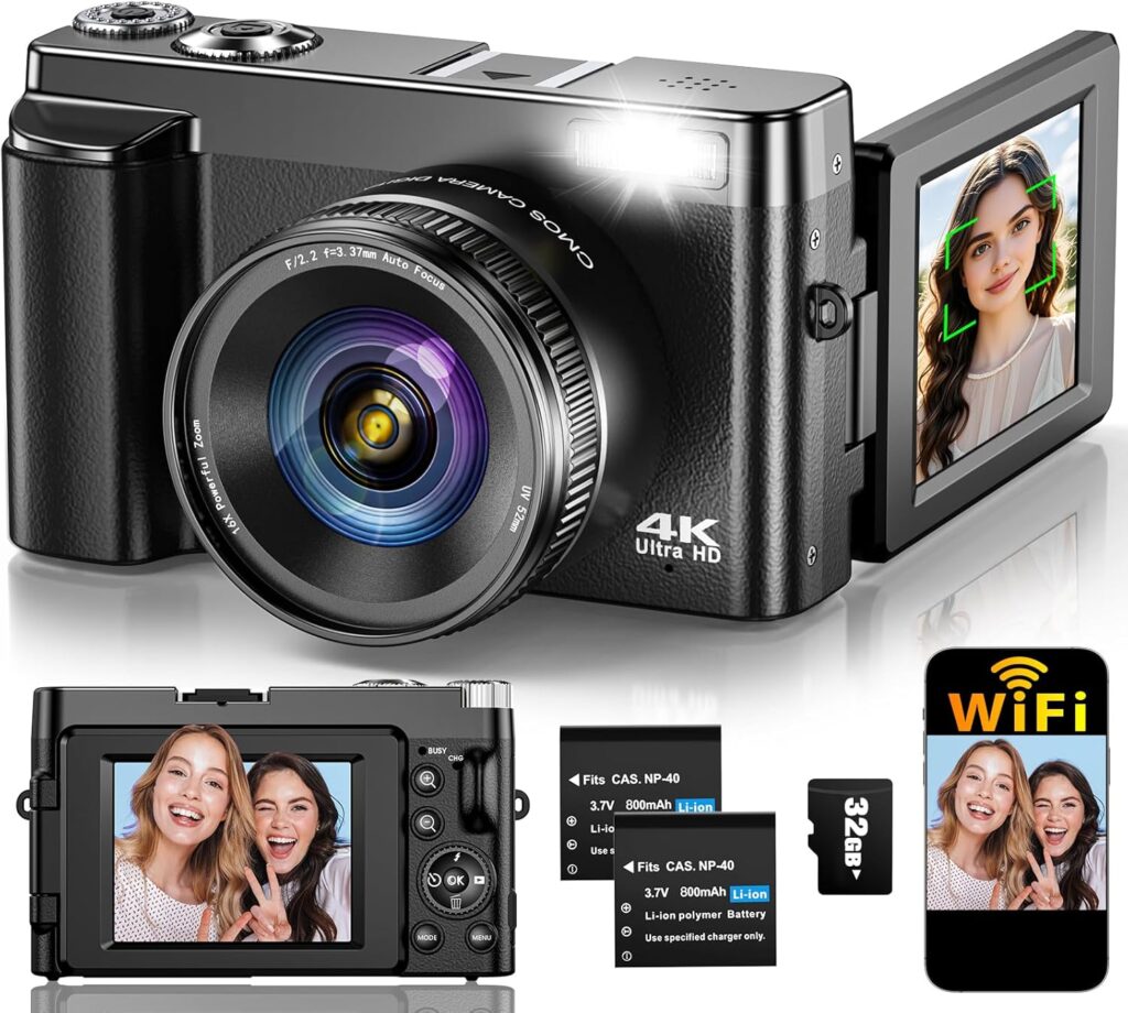 4K Digital Camera for Photography Autofocus, Upgraded 64MP WiFi Vlogging Camera for YouTube with 3″ 180° Flip Screen, 16X Zoom, Compact Travel Cameras for Beginners with 32GB Card, 2 Batteries, Black