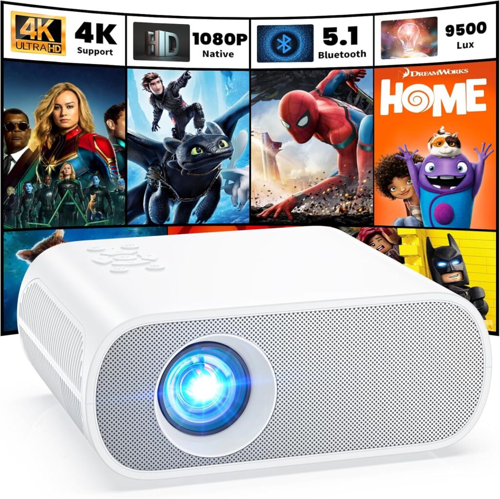 Projector, Native 1080P Full HD Bluetooth Projector with Speaker, 9500 Lumens Outdoor Portable Movie Mini Projector Compatible with Laptop, Smartphone, TV Stick, Xbox, PS5
