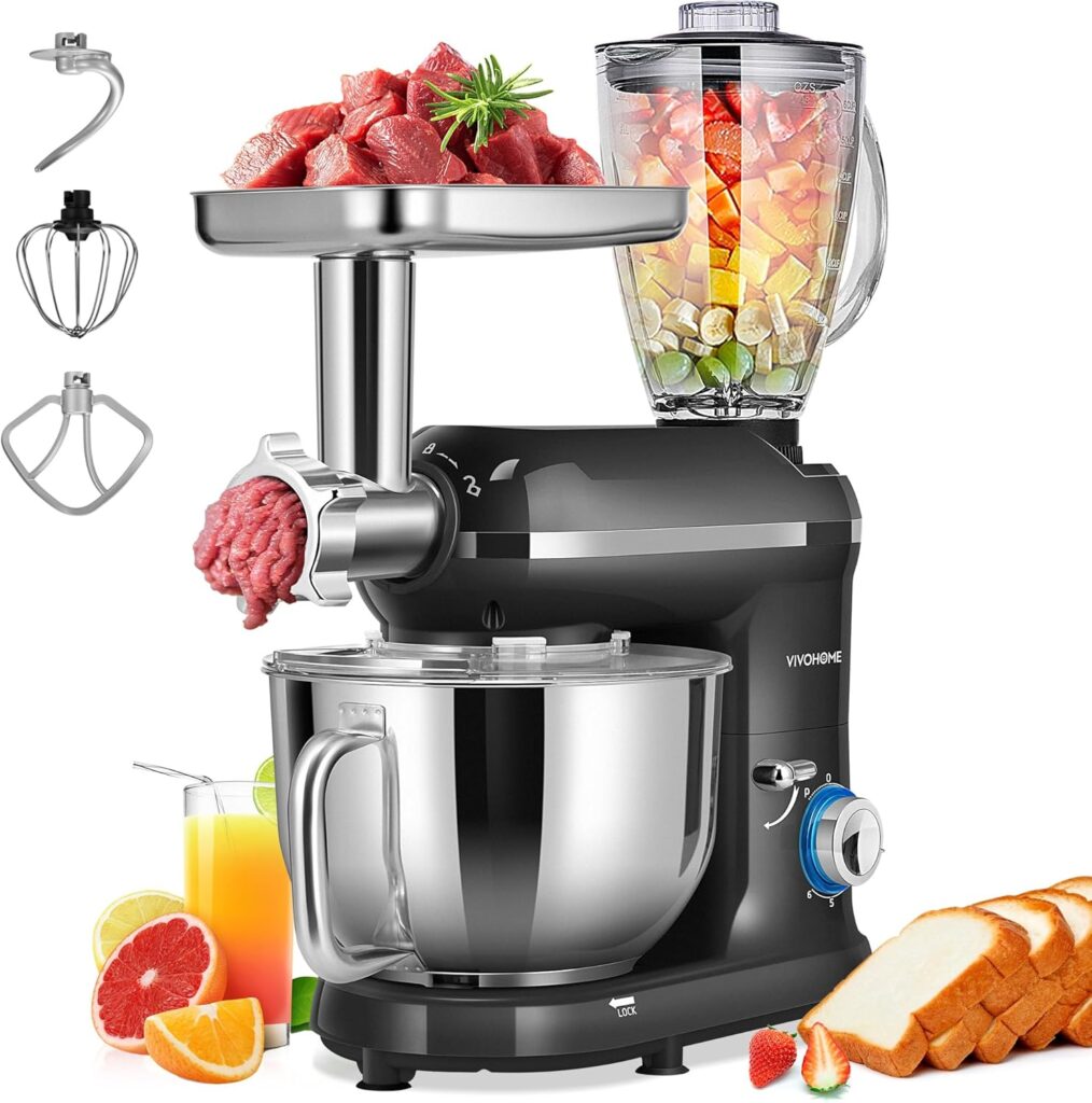 VIVOHOME 3 in 1 Multifunctional Stand Mixer with 6 Quart Stainless Steel Bowl, 650W 6 Speed Tilt-Head Meat Grinder, Juice Blender, Black