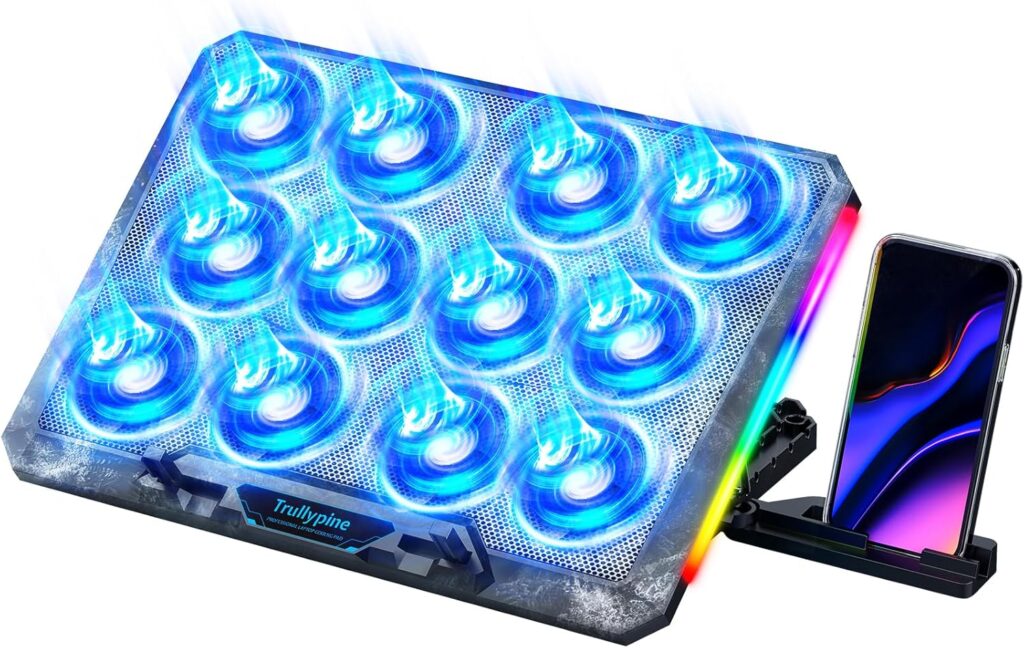 Laptop Cooling Pad with 12 Quiet Fans, Slim Portable for 12-17.3 Inch Laptop Cooler Stand with 5 Height Adjustable, Ergonomic Gaming Cooling Fan Pad with Two USB Ports & Phone Holder (Gear)