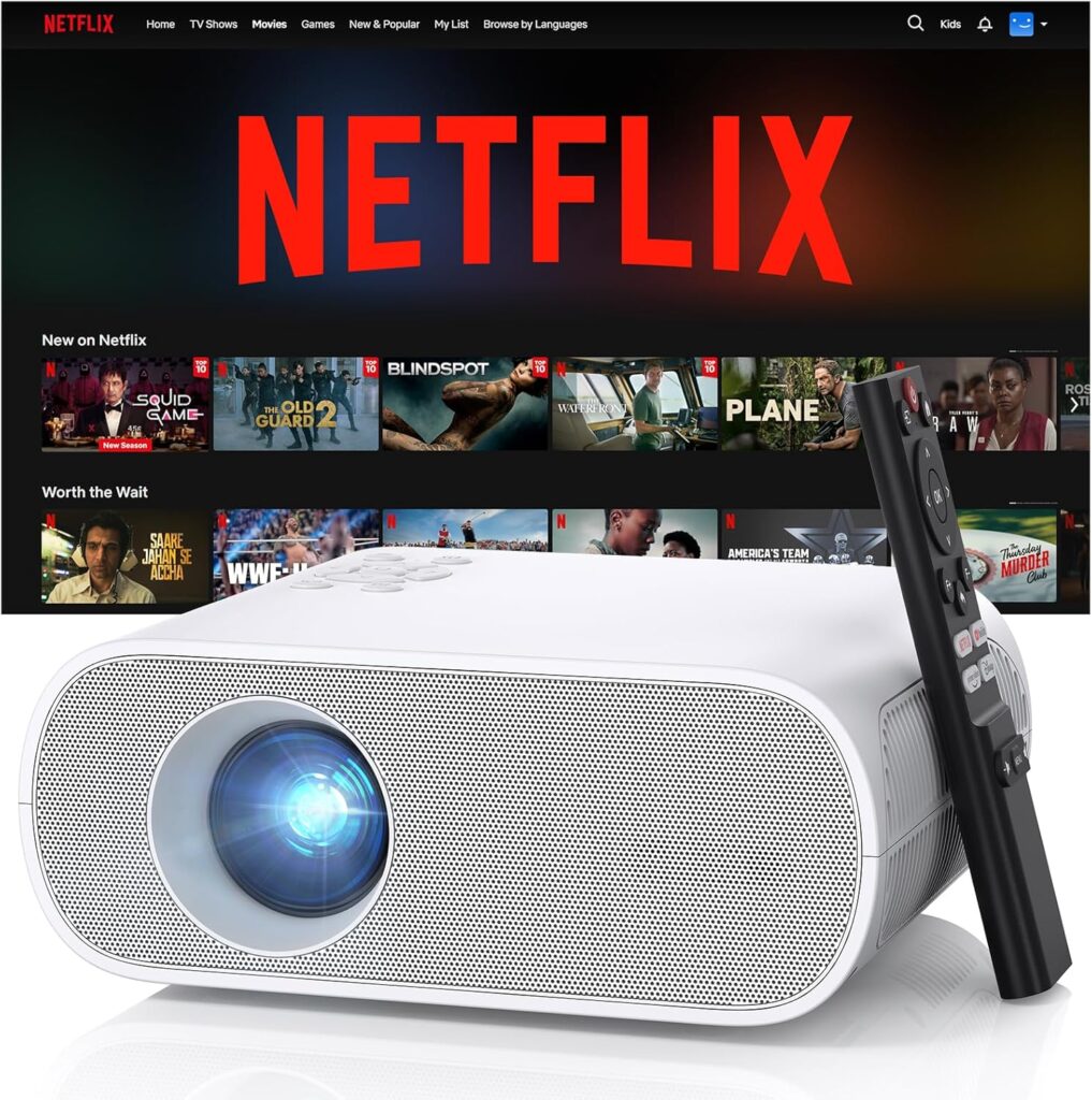 【Official Licensed Netflix/1500ANSI】HOMPOW Smart Mini Projector with WiFi and Bluetooth, Native 1080P Portable Outdoor Projector, Electric Focus & Keystone 4K Supported Home Theater Movie Projector