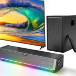 TV Speakers, Home Theater Speaker Wireless Audio Soundbar TV Speaker + Bass Subwoofer Wired Connect, Bluetooth Enabled/Optical/AUX/COAXIAL Inputs with Remote Control