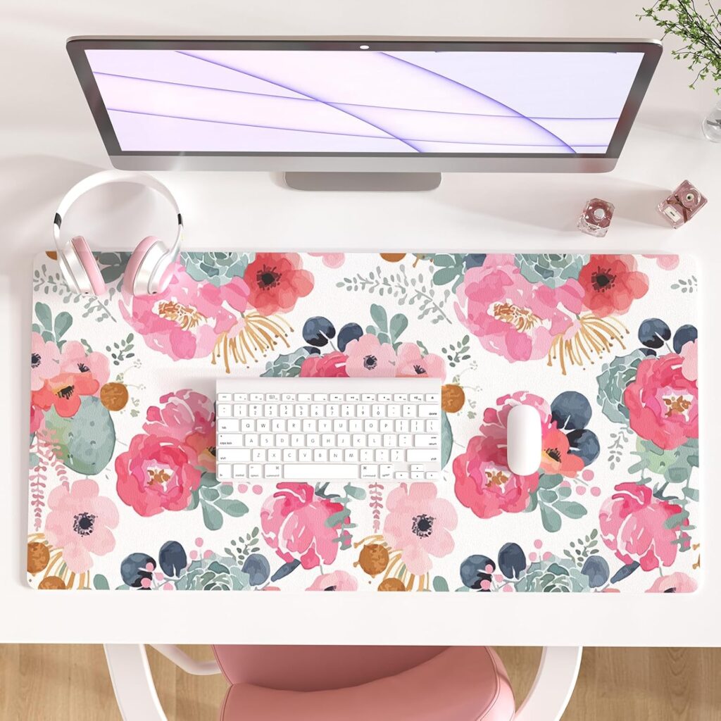 QIYI Large Mouse Pad, Pink Floral Desk Mat for Desktop, Women Girls PU Leather Waterproof Gaming Mousepad, Computer Laptop Desk Accessories Protector Writing Pads for School Office Home 31.5″ x 15.7″