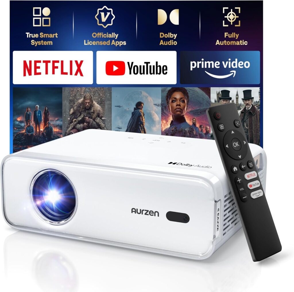 Aurzen EAZZE D1 Smart Projector with WiFi and Bluetooth, Netflix-Officially-Licensed, Auto Focus & Keystone, DoIby Audio, Zoom, Native 1080P Movie, Portable Outdoor Mini Projector, White