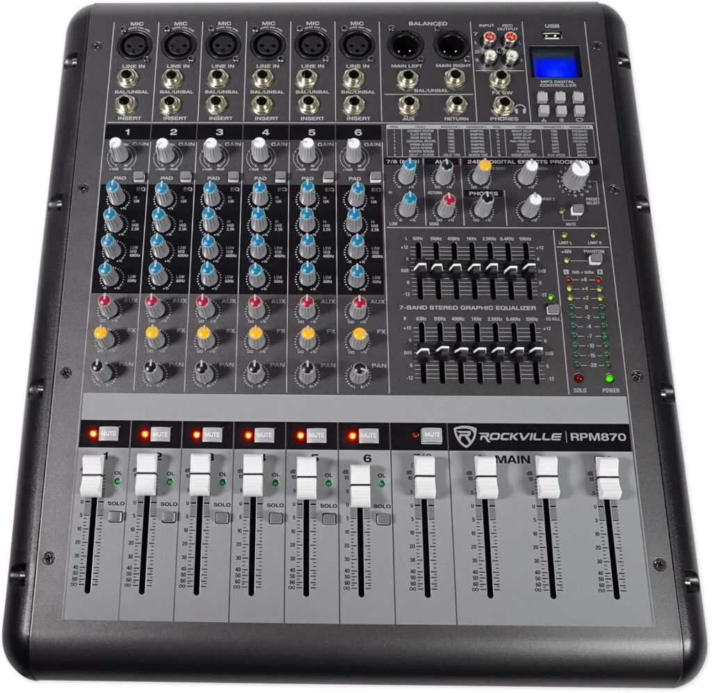 Rockville RPM870 6000w Powered Mixer, 8 Channel, 8 XDR2 Mic Pres, USB, 24-Bit Effects, Bluetooth, for Live Bands and DJs