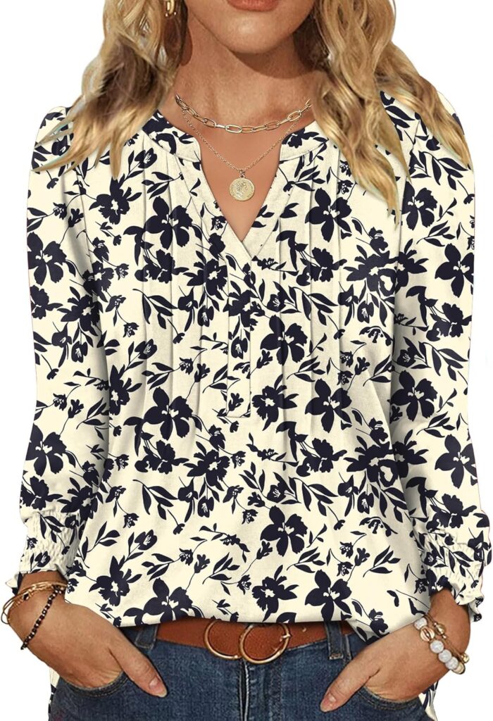 LOMON Womens Tops Dressy Casual Pleated Ruffle Long Sleeve Tunics Tops to Wear with Leggings V Neck Work Blouse