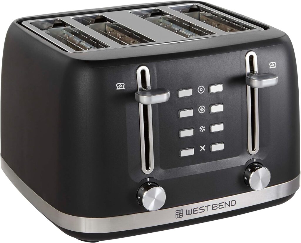 West Bend Toaster 4-Slice Extra-Wide and Deep Slots with 3 Functions and 7 Shade Settings Manual Toast Lift Lever Auto Shut-Off and Removable Crumb Tray, 1500-Watts, Black