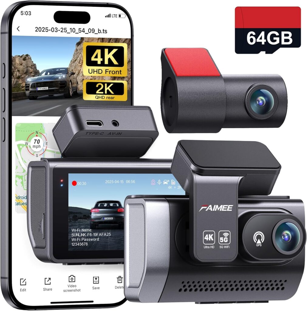4K Dash Cam Front and Rear with GPS, Upgraded 5.8G WiFi, Dual Dash Camera for Cars, Night Vision, WDR, 160°Wide Angle, 24H Parking Monitor, Emergency Lock, 3″ IPS Screen (64GB Card Included)