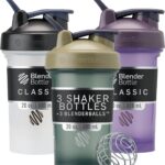 BlenderBottle Classic V2 Shaker Bottle Perfect for Protein Shakes and Pre Workout, 20-Ounce (3 Pack), Black, Tan/Blue, Purple
