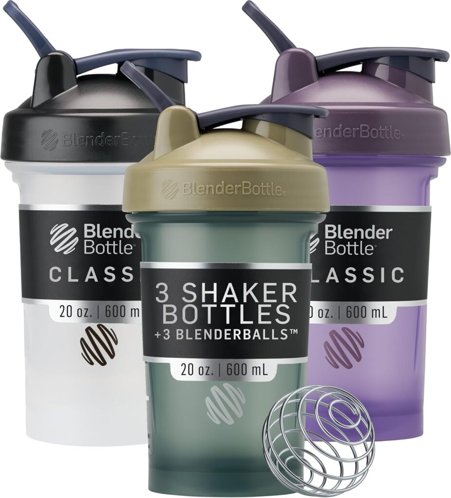 BlenderBottle Classic V2 Shaker Bottle Perfect for Protein Shakes and Pre Workout, 20-Ounce (3 Pack), Black, Tan/Blue, Purple