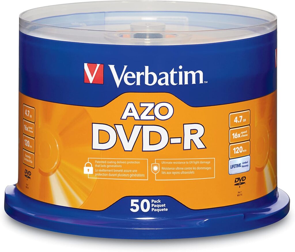 Verbatim DVD-R Blank Discs AZO Dye 4.7GB 16X Recordable Disc – 50 Pack Spindle,Silver