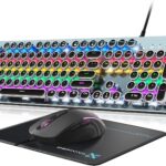 Typewriter Style Mechanical Gaming Keyboard Blue Switch, Rainbow LED Backlit Wired Computer Keyboards Mouse and Pad Combo, Metal Panel Retro Punk Round Keycaps, 104 Keys Anti-Ghost for PC Laptop Gamer
