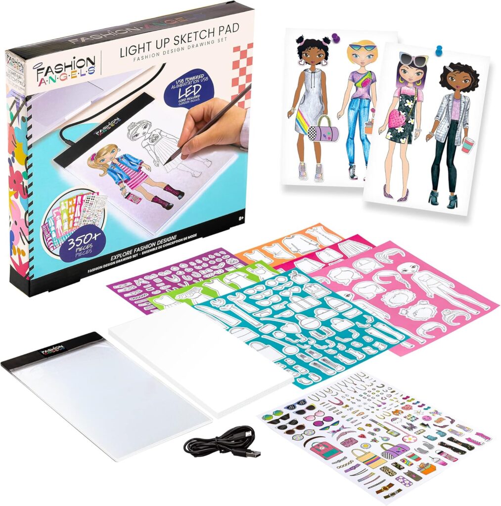 Fashion Angels Fashion Design Light Up Sketch Pad 12521, Light Up Tracing Pad, Includes USB, Ultra Thin Tablet, Includes Stencils and Stickers, Recommended for Ages 8 And Up