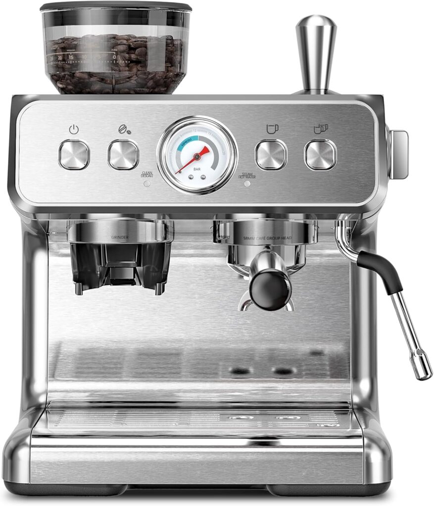 Kismile Espresso Coffee Machine with Grinder, 20 Bar Automatic Espresso Machine with Milk Frother Steam Wand, Removable Water Tank for Latte & Cappuccino(Silver)