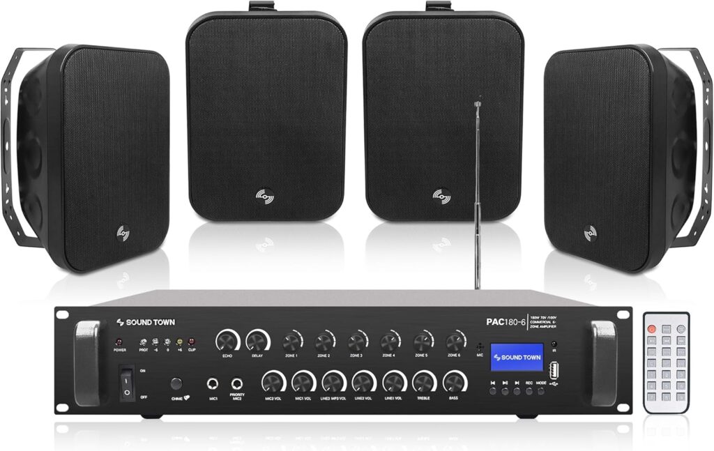 Sound Town Commercial Restaurant Bluetooth Amplifier + Surface-Mount Speaker Set, with One 6-Zone 70V/100V Amplifier with Bluetooth, 4 x 6.5-Inch Surface-Mount Speakers, Black (PAC180X4MS6B)