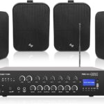 Sound Town Commercial Restaurant Bluetooth Amplifier + Surface-Mount Speaker Set, with One 6-Zone 70V/100V Amplifier with Bluetooth, 4 x 6.5-Inch Surface-Mount Speakers, Black (PAC180X4MS6B)