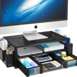 Simple Trending 2 Tier Metal Monitor Stand Monitor riser and Computer Desk Organizer with Drawer and Pen Holder for Laptop, Computer, iMac, Black