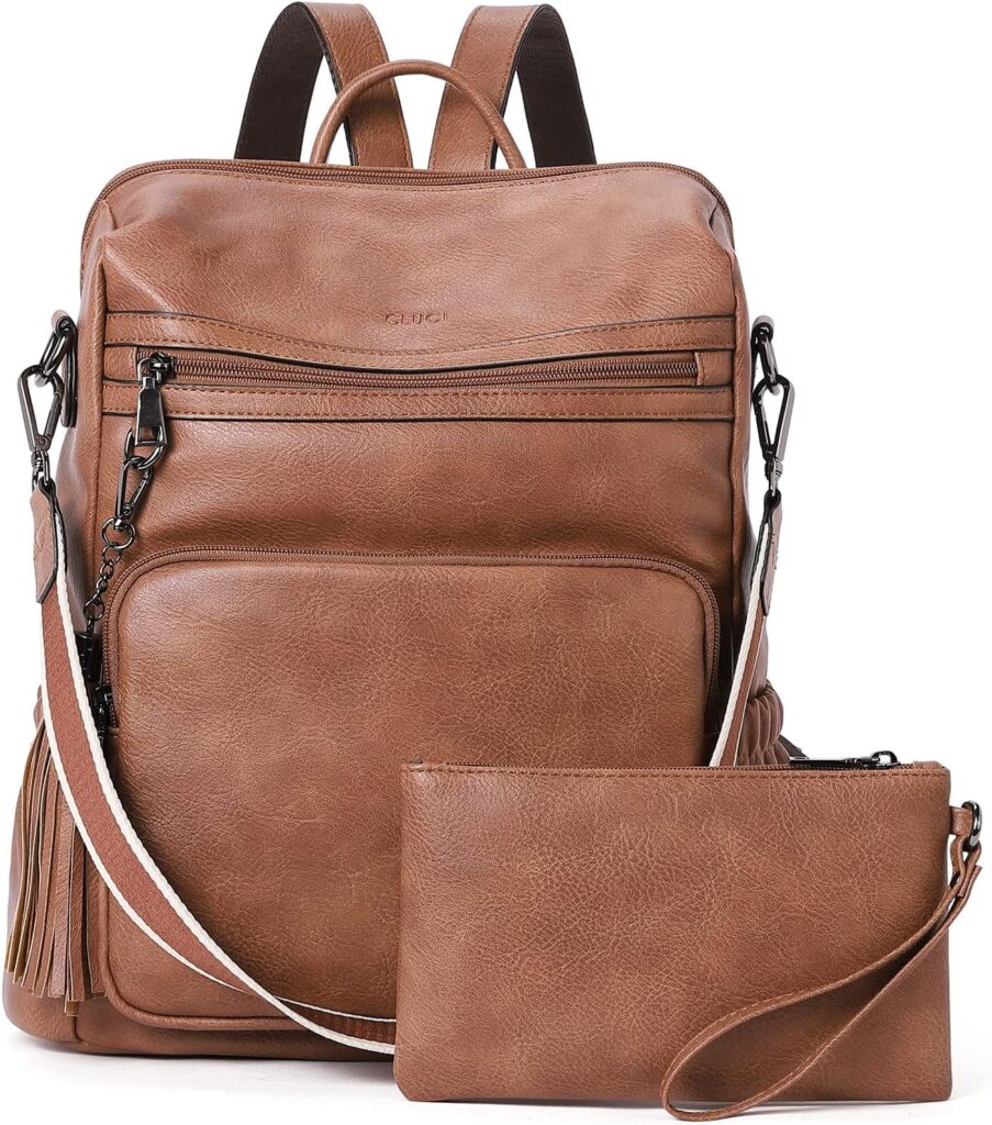CLUCI Womens Backpack Purse Leather Backpack Large Fashion Designer Travel Ladies Shoulder Bags with Wristlet 2PCS