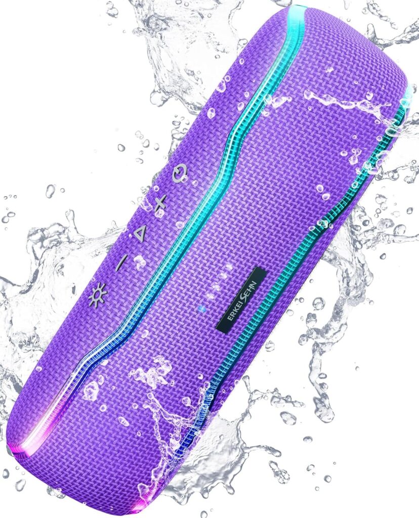 ERKEISEHN Bluetooth Speaker, IPX7 Waterproof Wireless Speakers, Flashing Light, 25W Super Bass, 24H Playtime, Stocking Stuffers White Elephant for Adults, TWS Pairing, Beach Vacation Essentials,Purple