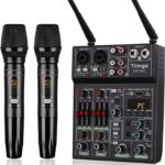Professional Audio Mixer With Dual Wireless Microphone, Sound Board Console System Interface 4 Channel Dj Mixer USB Bluetooth MP3 Computer Input 48V Phantom Power, Suitable for DJ Karaoke PC Guitar