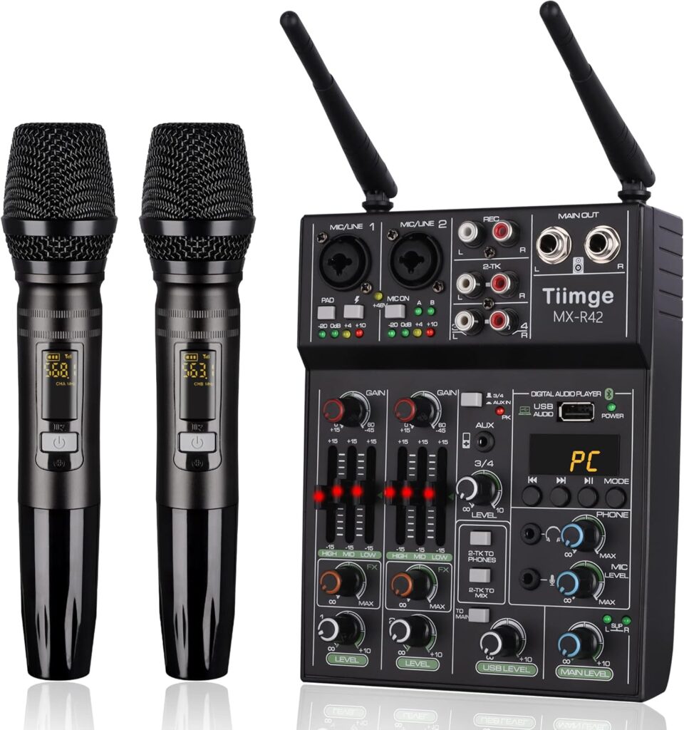 Professional Audio Mixer With Dual Wireless Microphone, Sound Board Console System Interface 4 Channel Dj Mixer USB Bluetooth MP3 Computer Input 48V Phantom Power, Suitable for DJ Karaoke PC Guitar