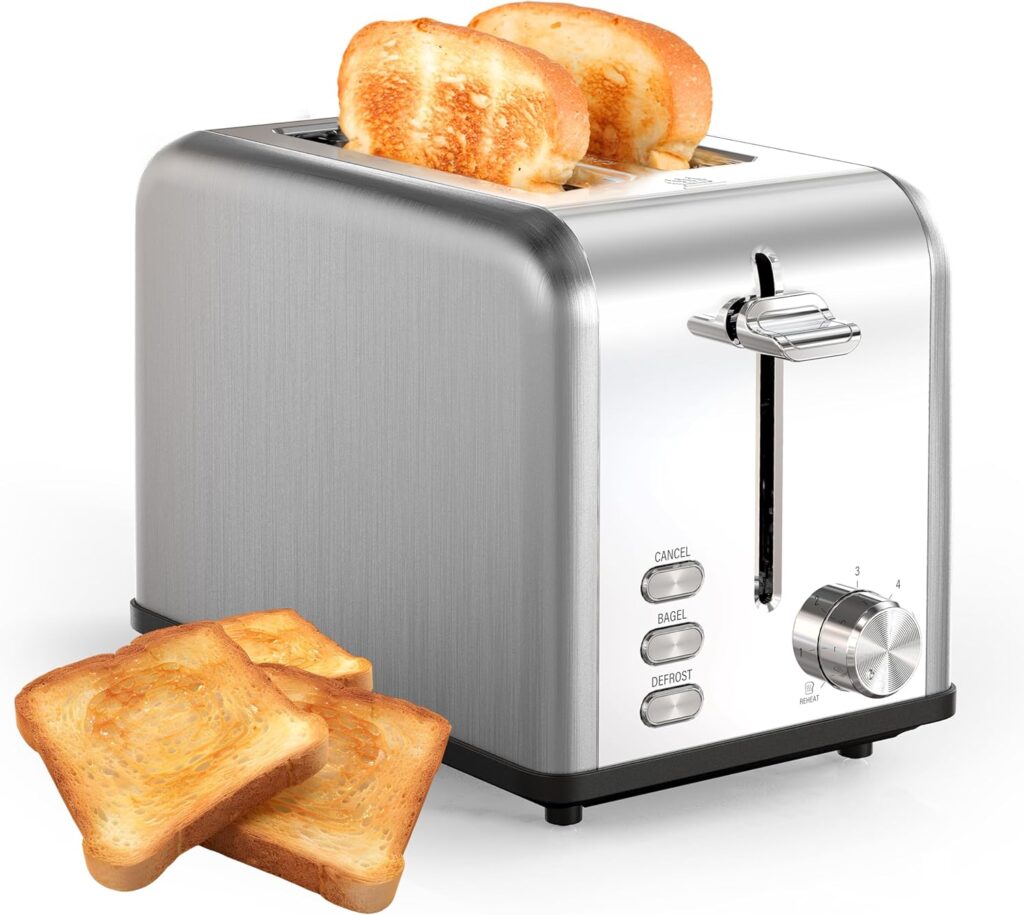 Simple Deluxe 2-Slice Toaster, 6 Browning Setting and 3 Function Stainless Steel Toaster, Extra Wide Slot & Removable Crumb Tray, for Bread & Waffle, Silver