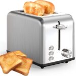 Simple Deluxe 2-Slice Toaster, 6 Browning Setting and 3 Function Stainless Steel Toaster, Extra Wide Slot & Removable Crumb Tray, for Bread & Waffle, Silver