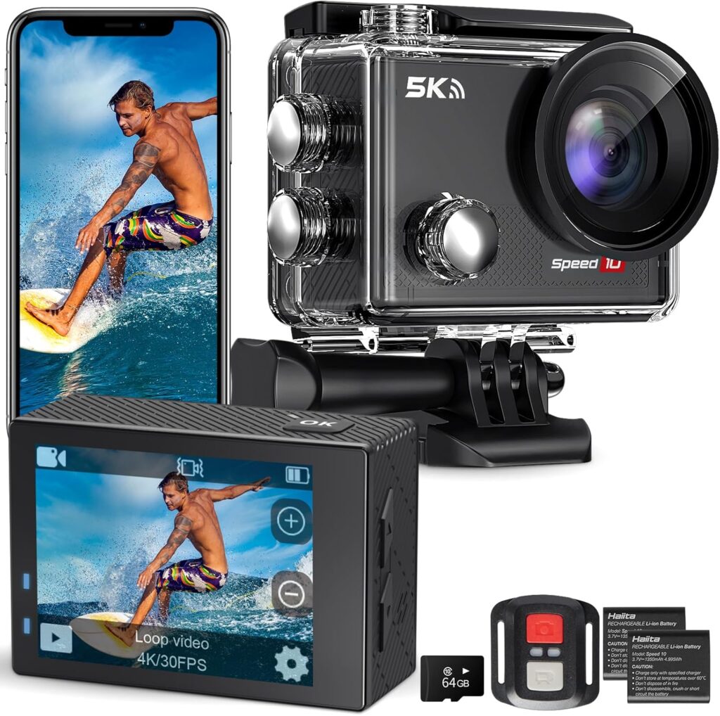 Action Camera 5K 30FPS Waterproof Camera Underwater 131FT with EIS WiFi App Remote Control 64GB Card 170° Wide Angle Sports Helmet Bike Video Black with 64GB Card