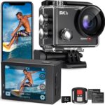 Action Camera 5K 30FPS Waterproof Camera Underwater 131FT with EIS WiFi App Remote Control 64GB Card 170° Wide Angle Sports Helmet Bike Video Black with 64GB Card