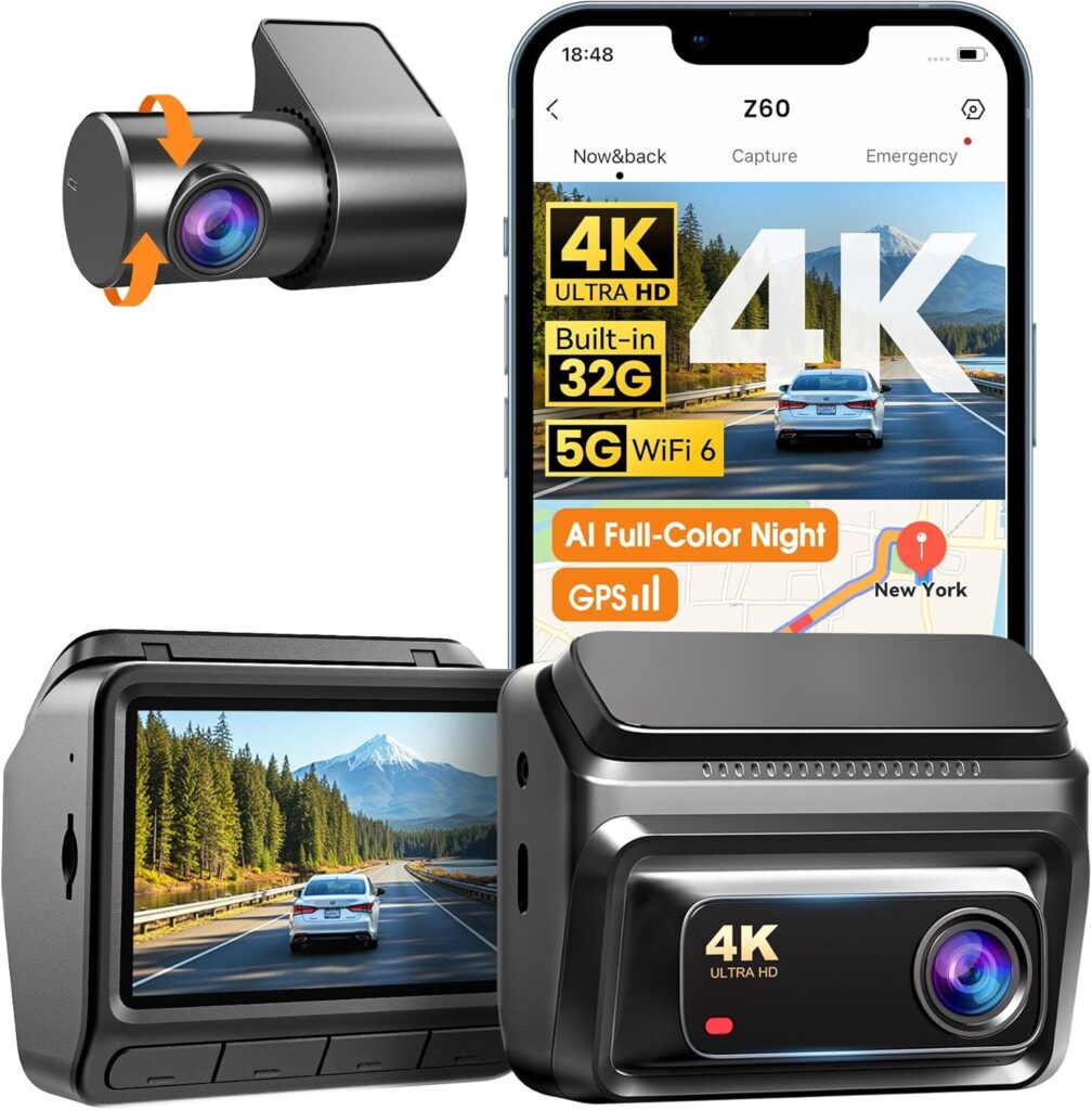 DDPAI Dash Cam Front and Rear, 4K + 1080P Dash Camera for Cars, Real 4K Dashcam with 32G eMMC, Full Color Night Vision, 5GHz WiFi 6, 7 Days Parking Mode, GPS, 3″ IPS, ADAS, WDR, Loop Recording, Z60