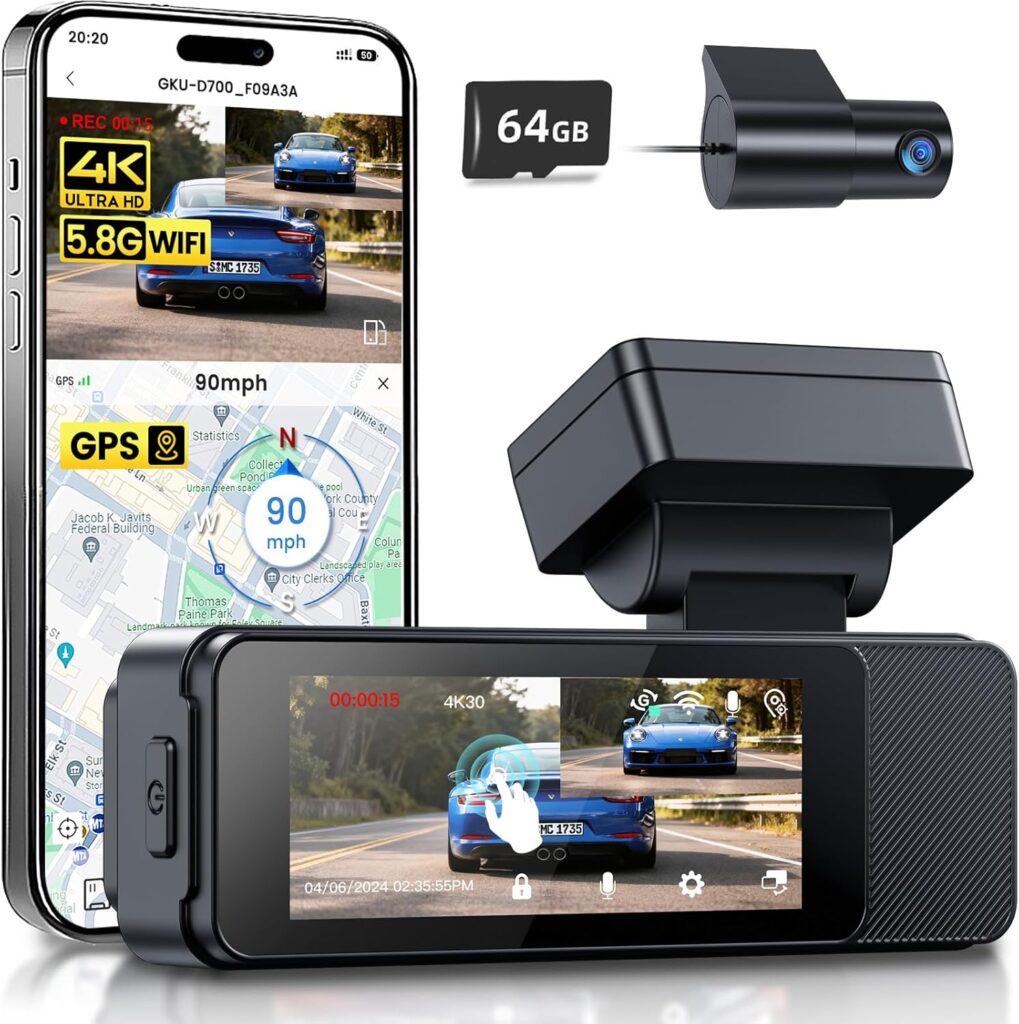 GKU Dash Cam Front and Rear, 3.18” Touchscreen, 4K+1080P Dashcam, Built-in GPS, 5.8GHz WiFi Dash Camera for Cars with 24H Parking Monitor, Night Vision, WDR, Supports 512GB Max