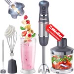 Mueller Multistick 5-in-1 Immersion Blender Handheld, 12 Speed Hand Mixer – Turbo Boost, Heaviest Duty Copper Motor, Titanium Blades Hand Blender, Milk Frother Wand, Whisk, Beaker, Chopper, Grey