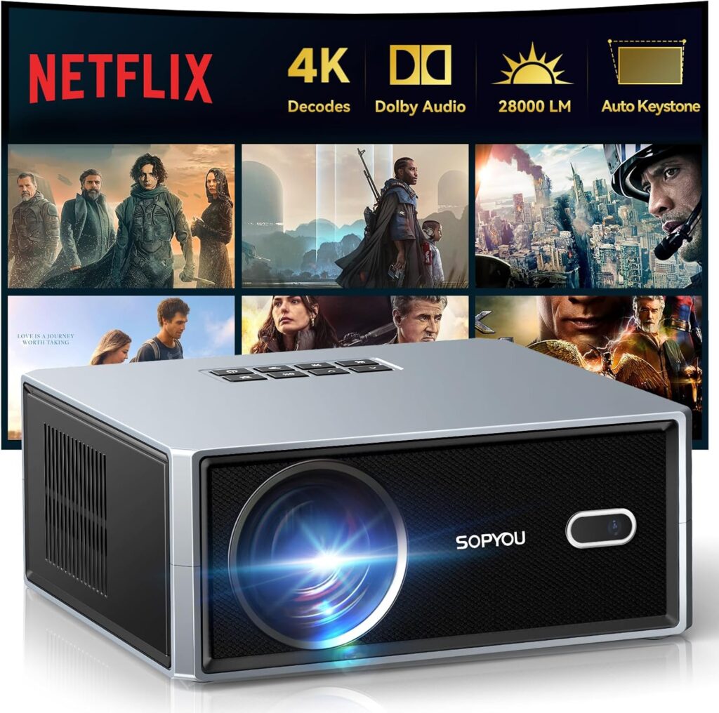 Netflix Smart Projector with WiFi and Bluetooth, SOPYOU Outdoor Movie Projector 4K with Apps Max 450″, Electric Focus & Auto Keystone, Built-in Netflix/YouTube/Prime Video