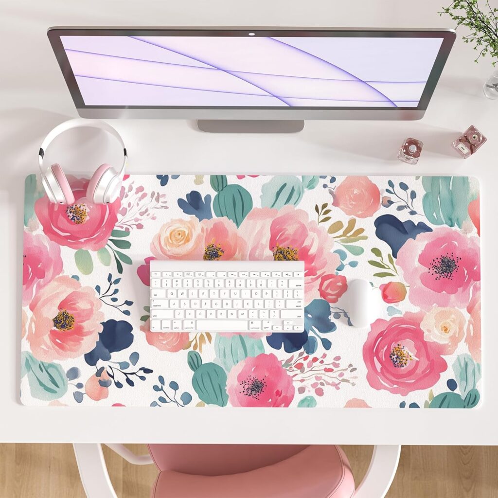 Colorful Star Large Mouse Pad, Pink Floral Desk Mat for Desktop, Women Girls Flowers PU Leather Waterproof Desk Pad, Computer PC Laptop Protector Gaming Mouse Pads for School Office Home 31.5″ x 15.7″